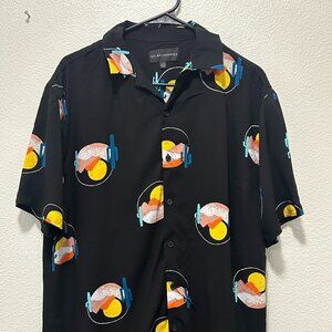 No Boundaries men's button down shirt, black with desert them, medium